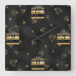 ブラック&エレガント金ゴールドダイヤモンドデザイン スクエア壁時計
