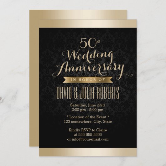 ブラック&エレガント金ゴールドダマスク結婚記念日 招待状 (正面/裏面)