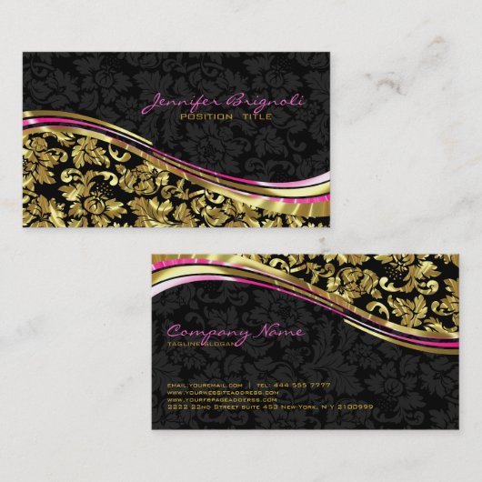 ブラック&エレガント金ゴールドダマスシルバーアクセント 名刺 (正面/裏面)