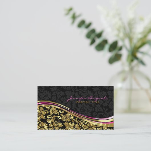 ブラック&エレガント金ゴールドダマスシルバーアクセント 名刺 (スタンド正面)