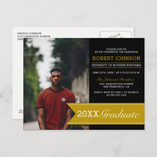 ブラック&エレガント金ゴールドバナー写真卒業パーティー インビテーションポストカード (正面/裏面)