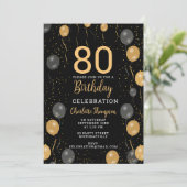 ブラック&エレガント金ゴールドバルーン80th誕生日パーティー 招待状 (スタンド正面)