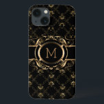 ブラック&エレガント金ゴールドバロックフローラフレーム iPhone 13ケース<br><div class="desc">黒エレガントと金ゴールドのフローラフレームバロックスタイルとカスタマイズ可能なモノグラム。</div>