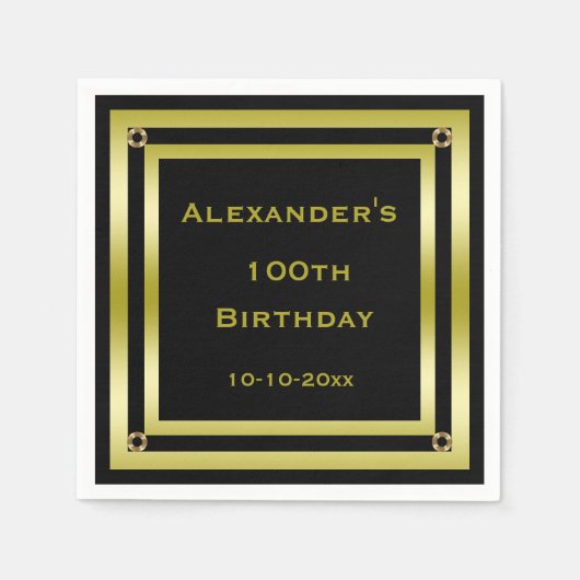 ブラック&エレガント金ゴールドフレーム男の100誕生日 スタンダードカクテルナプキン (正面)