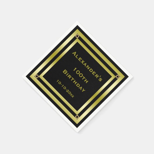 ブラック&エレガント金ゴールドフレーム男の100誕生日 スタンダードカクテルナプキン (角)