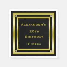 ブラック&エレガント金ゴールドフレーム男の20誕生日 スタンダードカクテルナプキン
