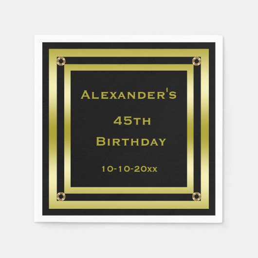 ブラック&エレガント金ゴールドフレーム男の45誕生日 スタンダードカクテルナプキン (正面)