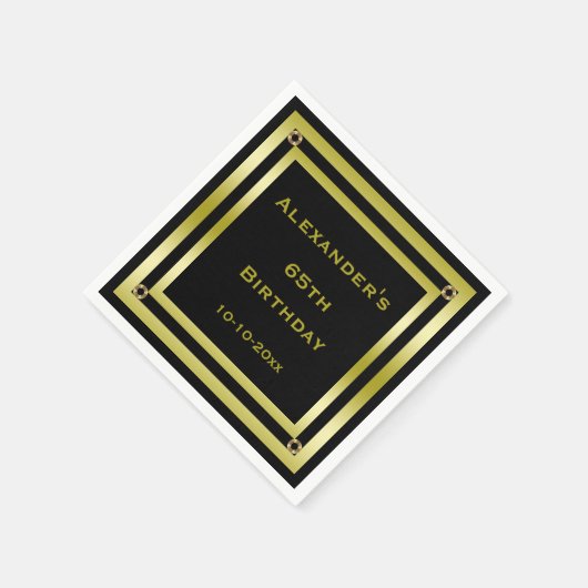 ブラック&エレガント金ゴールドフレーム男の65誕生日 スタンダードカクテルナプキン (角)