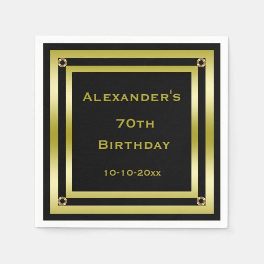 ブラック&エレガント金ゴールドフレーム男の70誕生日 スタンダードカクテルナプキン (正面)