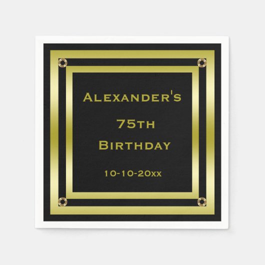 ブラック&エレガント金ゴールドフレーム男の75誕生日 スタンダードカクテルナプキン (正面)