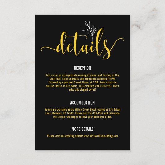 ブラック&エレガント金ゴールドボタニカルズ結婚エンクロシュル エンクロージャーカード (正面)