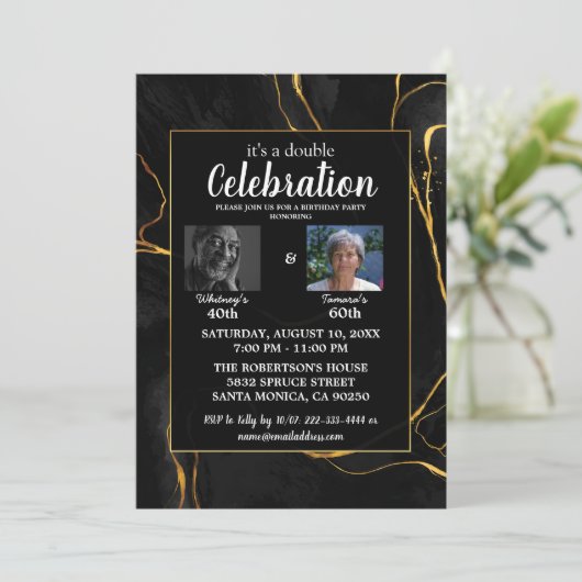 ブラック&エレガント金ゴールドマーブルバースデーパーティー 招待状 (スタンド正面)