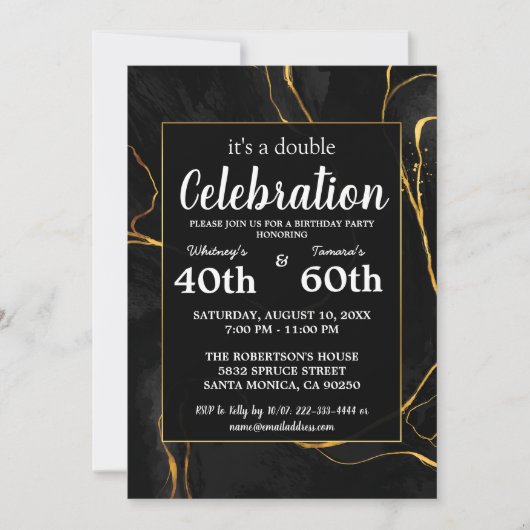 ブラック&エレガント金ゴールドマーブルバースデーパーティー 招待状 (正面)