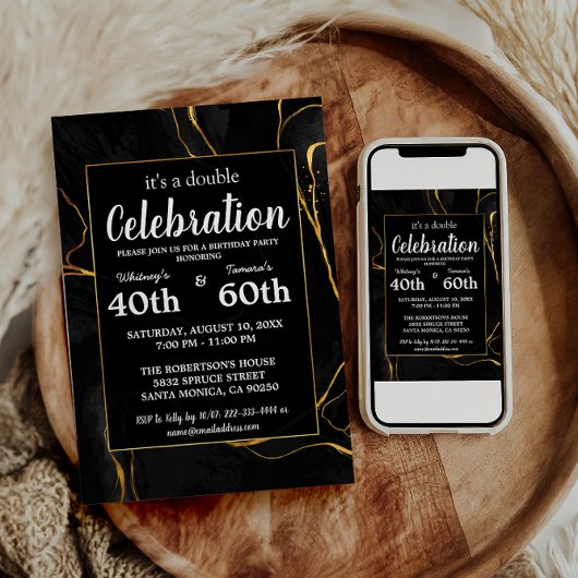 ブラック&エレガント金ゴールドマーブルバースデーパーティー 招待状