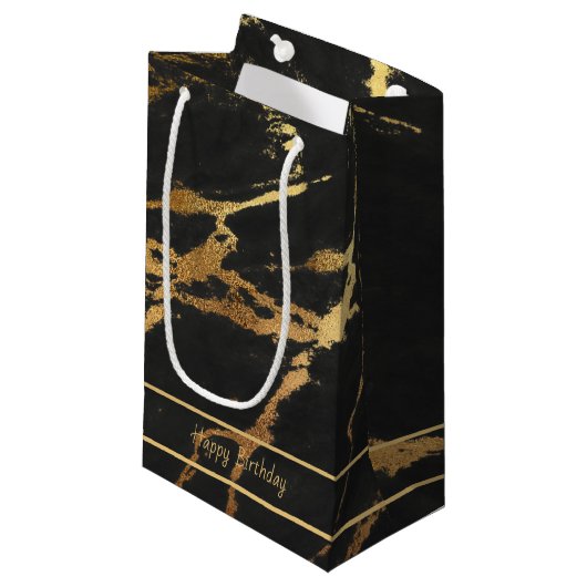 ブラック&エレガント金ゴールドマーブルルック |編集可能文字 スモールペーパーバッグ (正面アングル)
