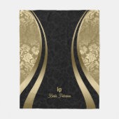 ブラック&エレガント金ゴールドメタリックフローラのマスク フリースブランケット (正面)