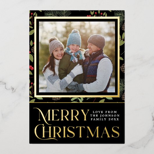 ブラック&エレガント金ゴールドメリークリスマスホリー写真 箔シーズンカード (正面)