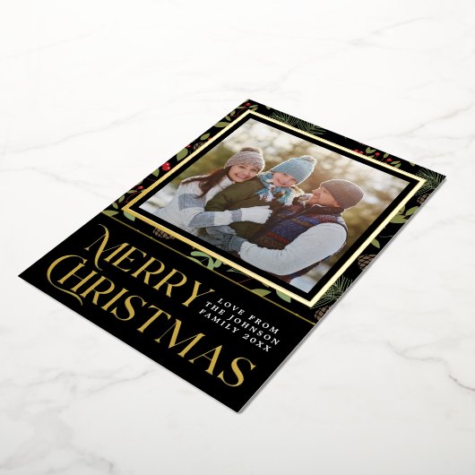 ブラック&エレガント金ゴールドメリークリスマスホリー写真 箔シーズンカード (回転した状態)