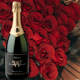 ブラック&エレガント金ゴールドモノグラムスクリプトシック結婚ズ スパークリングワインラベル