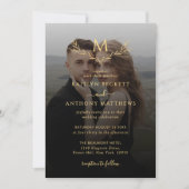ブラック&エレガント金ゴールドモノグラムリース写真結婚 招待状 (正面)