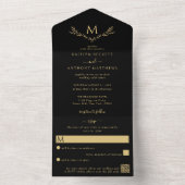ブラック&エレガント金ゴールドモノグラムリース結婚ズ オールインワン招待状 (内側)