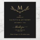 ブラック&エレガント金ゴールドモノグラムリース結婚ズ ワインラベル (シングルラベル)