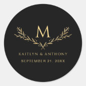 ブラック&エレガント金ゴールドモノグラムリース結婚式の引き出物 ラウンドシール (正面)