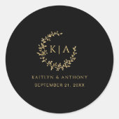 ブラック&エレガント金ゴールドモノグラムリース結婚式の引き出物 ラウンドシール (正面)