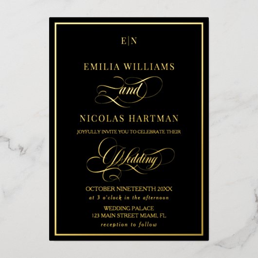 ブラック&エレガント金ゴールドモノグラム結婚ズ 箔招待状 (正面)