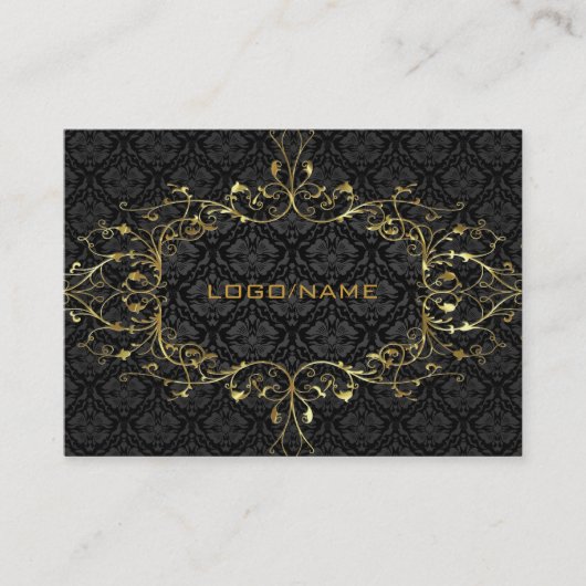 ブラック&エレガント金ゴールドルックヴィンテージフローラダマスク 名刺 (正面)