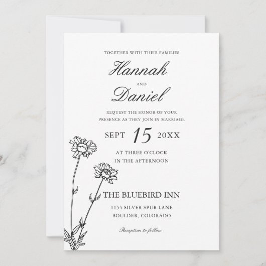 ブラック&エレガント金ゴールドワイルドフラワー結婚式招待状 招待状 (正面)