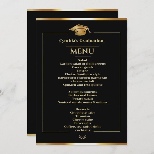 ブラック&エレガント金ゴールド卒業ディナーメニュー 招待状 (正面/裏面)