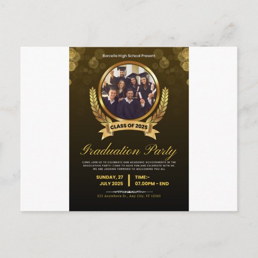 ブラック&エレガント金ゴールド卒業パーティー招待状。 インビテーションポストカード (正面)