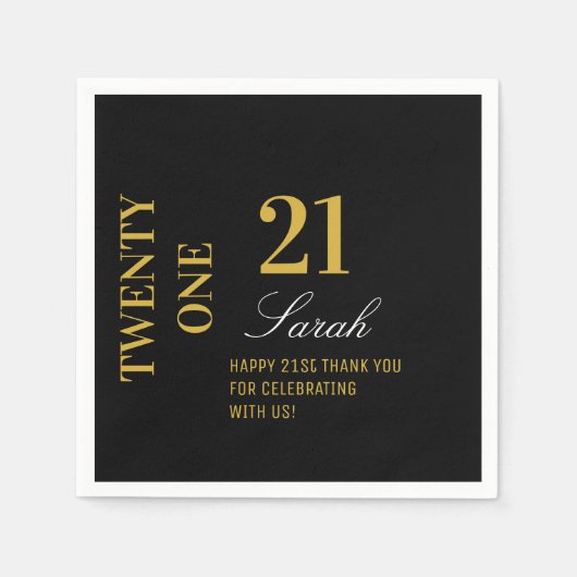 ブラック&エレガント金ゴールド21th誕生日パーティーカクテル スタンダードカクテルナプキン (正面)