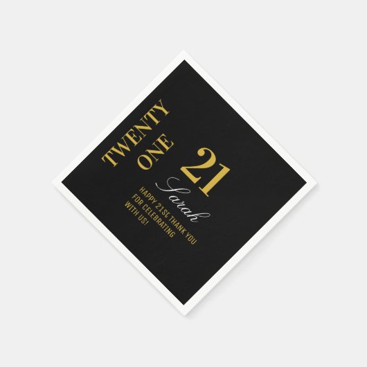 ブラック&エレガント金ゴールド21th誕生日パーティーカクテル スタンダードカクテルナプキン (角)