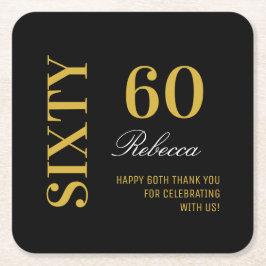 ブラック&エレガント金ゴールド60th誕生日カクテルパーティー スクエアペーパーコースター
