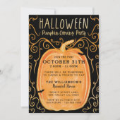 ブラック&オレンジおもしろいハロウィーンパンプキンカービングパーティー 招待状 (正面)