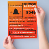 ブラック&オレンジのアラームロゴ、セキュリティアラームサービス チラシ (手)