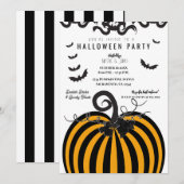 ブラック＆オレンジのカボチャとコウモリのハロウィンパーティー 招待状 (正面/裏面)