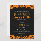 ブラック&オレンジのダマスク・ chic でエレガントなスイート16パーティー 招待状 (正面)