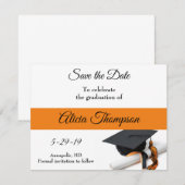 ブラック&オレンジの卒業キャップとタッセル セーブザデート (正面/裏面)