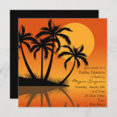 ブラック&オレンジアイランドパームツリー誕生日招待状 招待状 (正面/裏面)