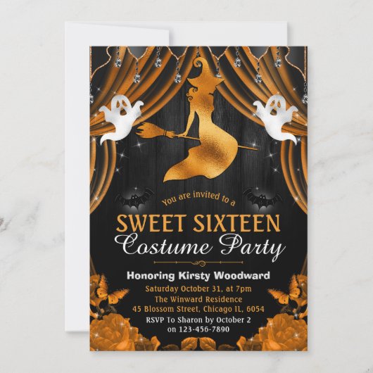 ブラック&オレンジウィッチ&きらめくカーテンスウィート16 招待状 (正面)