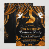 ブラック&オレンジウィッチ&カーテン誕生日 招待状 (正面/裏面)