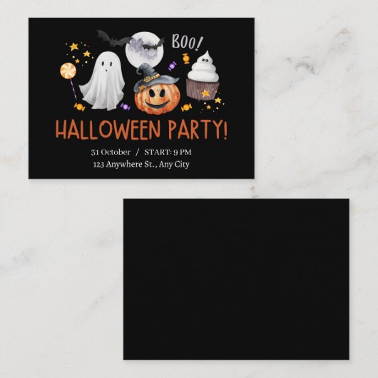 ブラック&オレンジウォーターカラーハロウィーン招待状 ノートカード (正面/裏面)