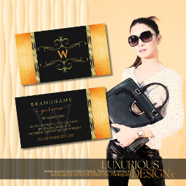 ブラック&オレンジグリッターゴールデンオーナメントモノグラム 名刺