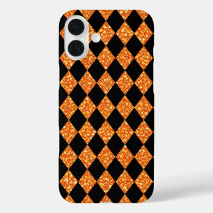ブラック&オレンジグリッタールックハロウィーンパターン iPhone 16 PLUSケース