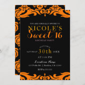 ブラック&オレンジダマスクシッエレガントクスウィート16パーティー 招待状 (正面/裏面)