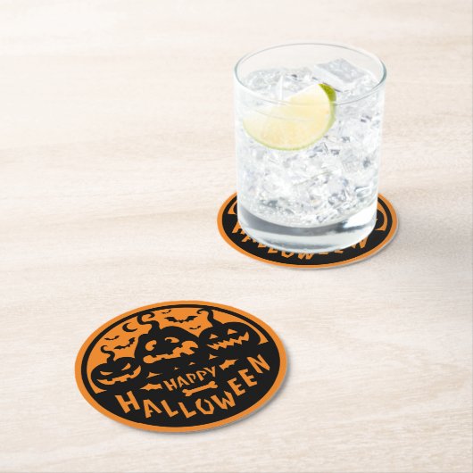 ブラック&オレンジハッピーハローウィン ラウンドペーパーコースター (インサイチュ)