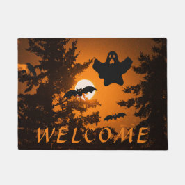 ブラック&オレンジハロウィン不気味の夜へようこそ ドアマット